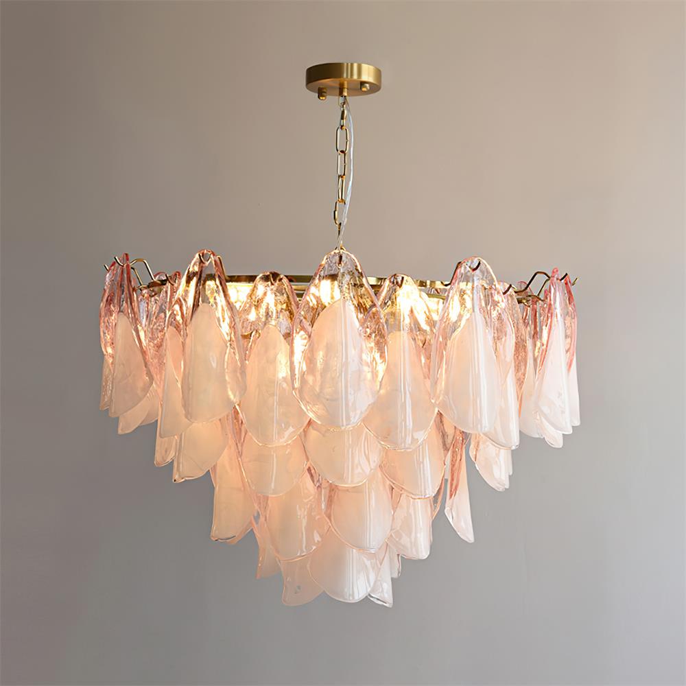 Tiered Glass Petal Ceiling Light Gold Metal Frame for Dining Rooms Living Rooms Foyers Adjustable 20-39 Inch Multi-Level Ambient Fixture