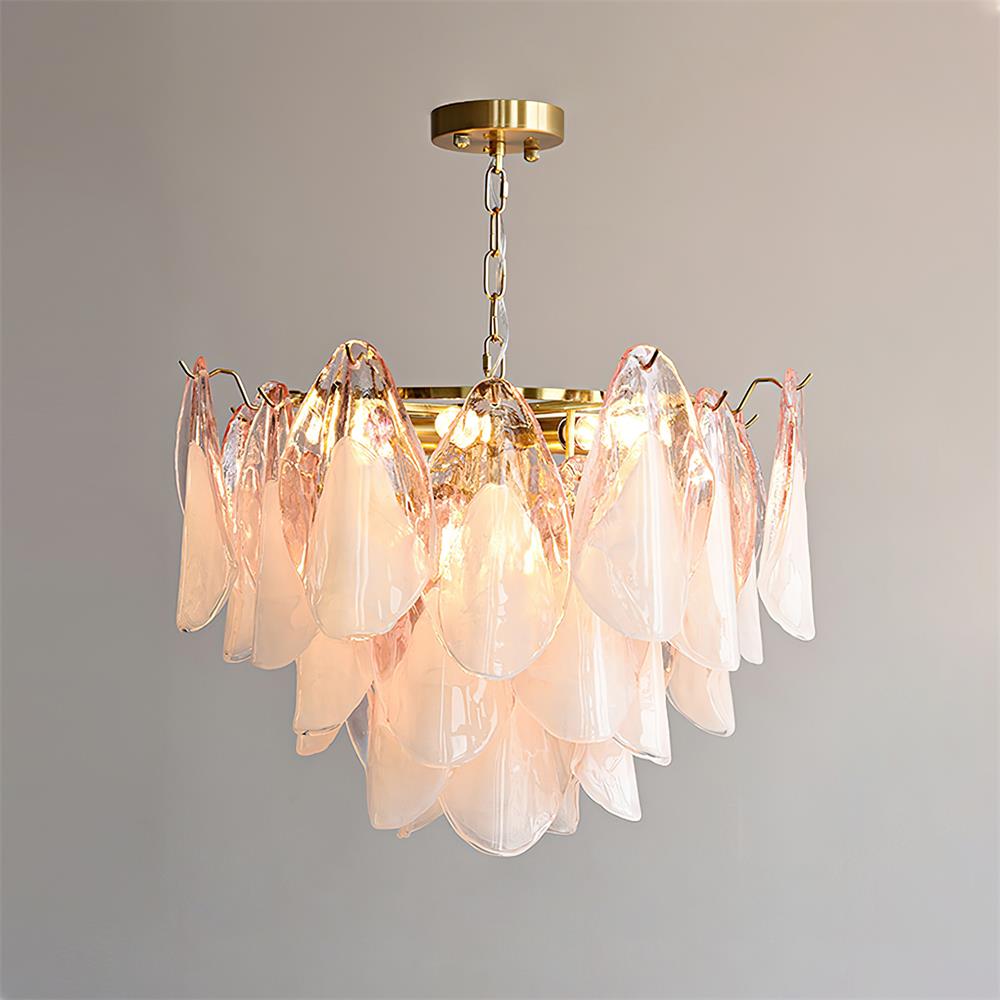 Tiered Glass Petal Ceiling Light Gold Metal Frame for Dining Rooms Living Rooms Foyers Adjustable 20-39 Inch Multi-Level Ambient Fixture
