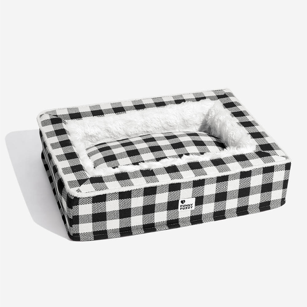 Plaid Raised-Edge Dog Bed with Memory Foam Bolster Support for Calming Sleep | Small to Extra Large Sizes | Classic Checkered Pattern Pet