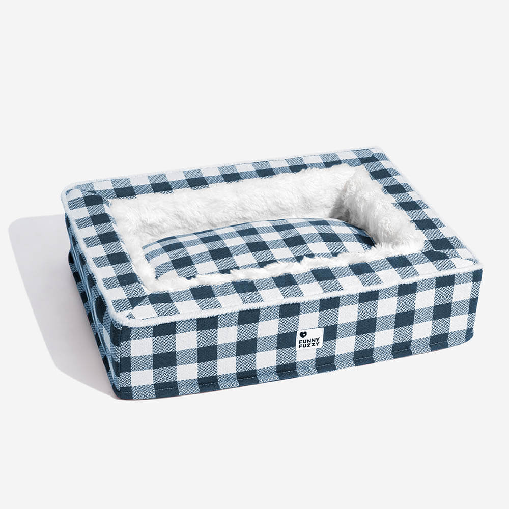Plaid Raised-Edge Dog Bed with Memory Foam Bolster Support for Calming Sleep | Small to Extra Large Sizes | Classic Checkered Pattern Pet