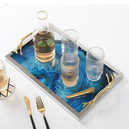 Glass Decorative Tray with Agate Design – 16-Inch Round & Rectangular Platter for Dining Room, Coffee Table, Vanity Display