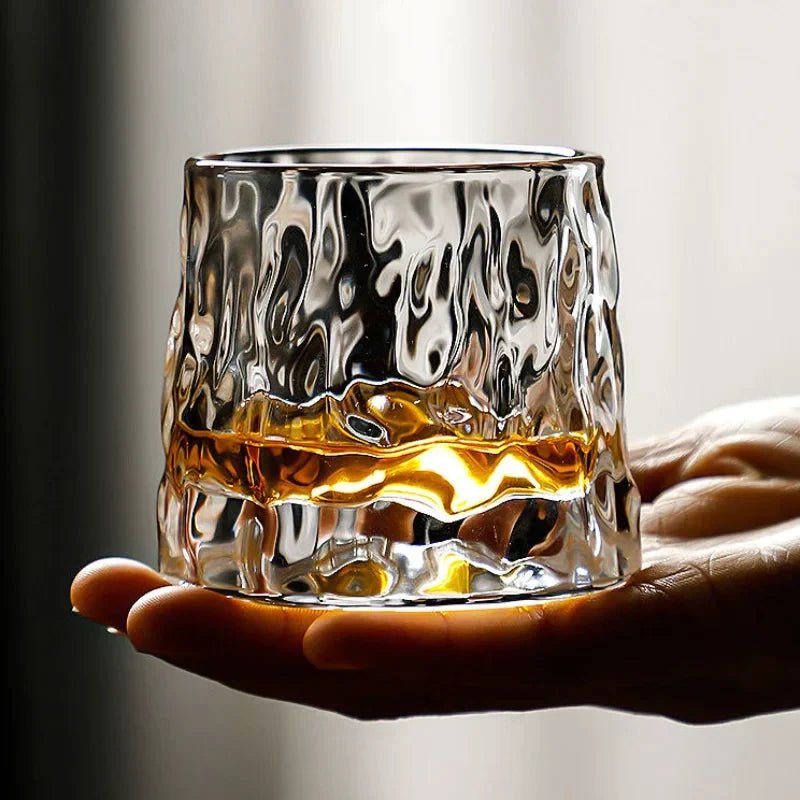 Rotating Crystal Tumbler Set Lead-Free 6.3 in Tall Rocks Glass for Scotch Bourbon Cocktails Home Bar Glassware Unique Swirl Base Design Gift