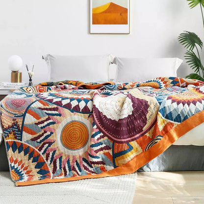 100% Cotton Throw Blanket Sunburst Pattern All-Season Lightweight Bed Sofa Couch Cover for Bedroom Living Room Travel