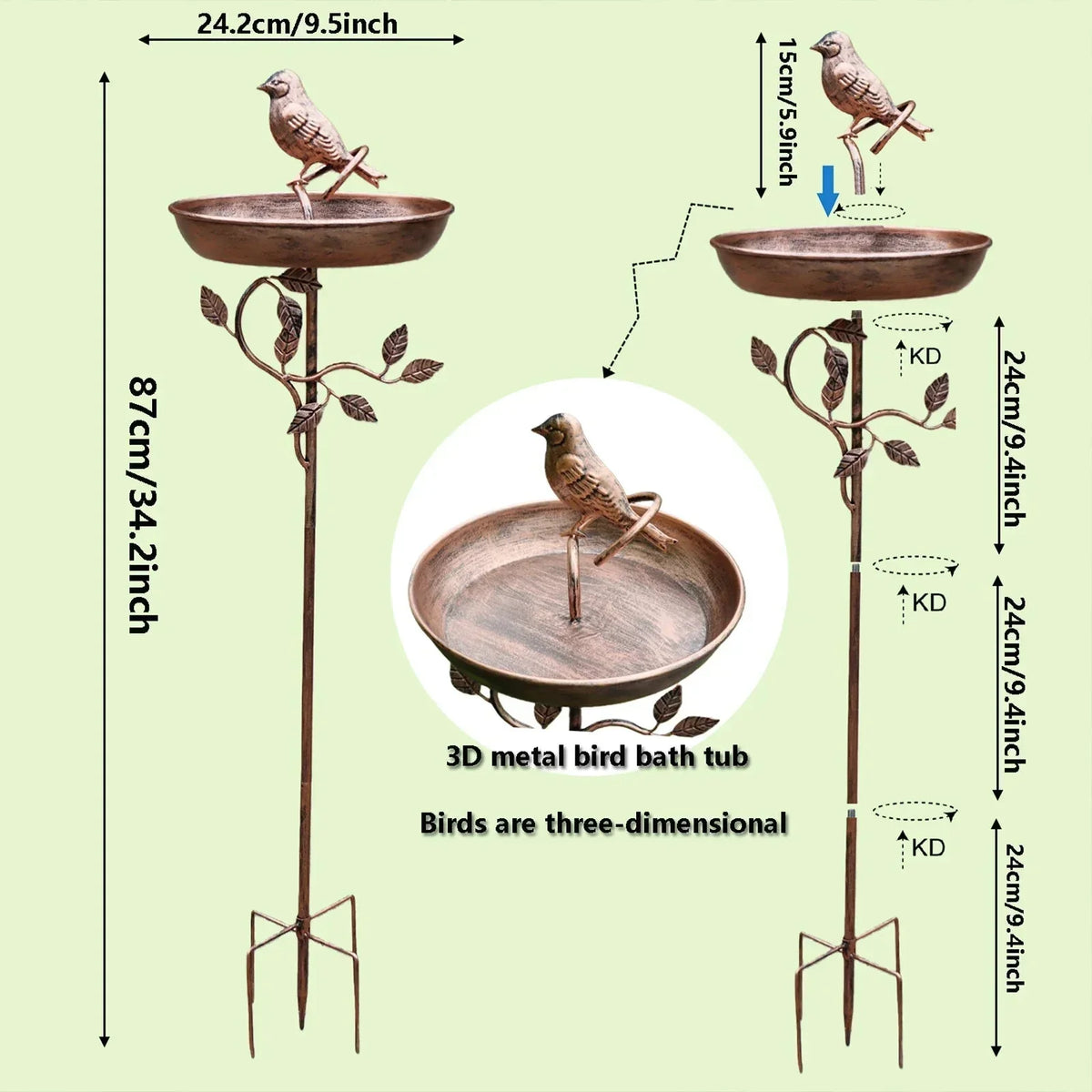 Metal Bird Bath Bowl on Decorative Stake for Yard & Garden | Freestanding Water Station with Multi-Prong Ground Spike for Songbirds