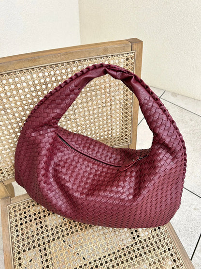 Woven Leather Hobo Shoulder Bag for Women - Soft Genuine Leather Everyday Purse with Zip Closure - Lightweight 19 in Tote for Daily Use
