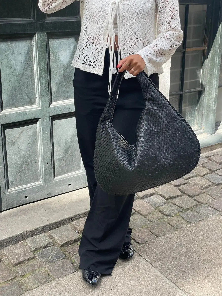 Woven Leather Hobo Shoulder Bag for Women - Soft Genuine Leather Everyday Purse with Zip Closure - Lightweight 19 in Tote for Daily Use