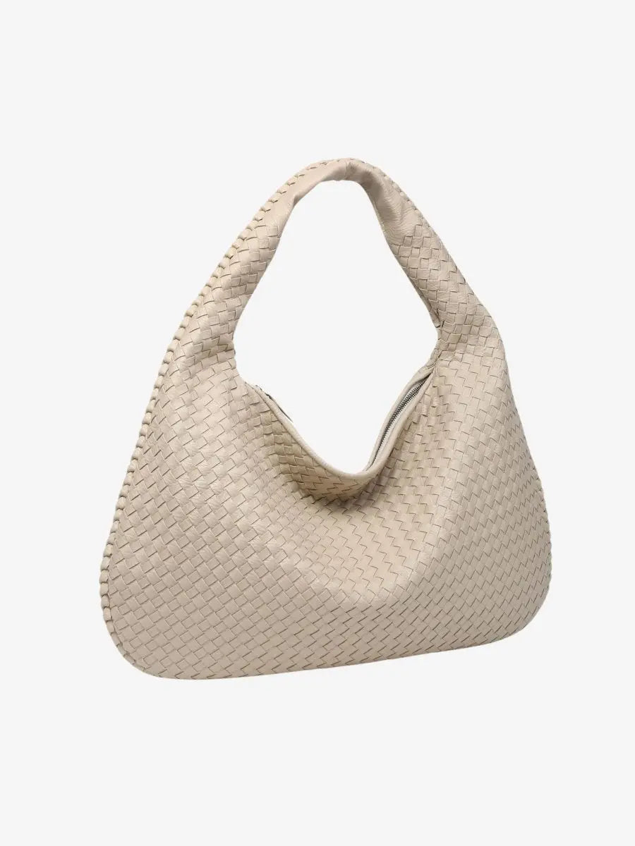 Woven Leather Hobo Shoulder Bag for Women - Soft Genuine Leather Everyday Purse with Zip Closure - Lightweight 19 in Tote for Daily Use