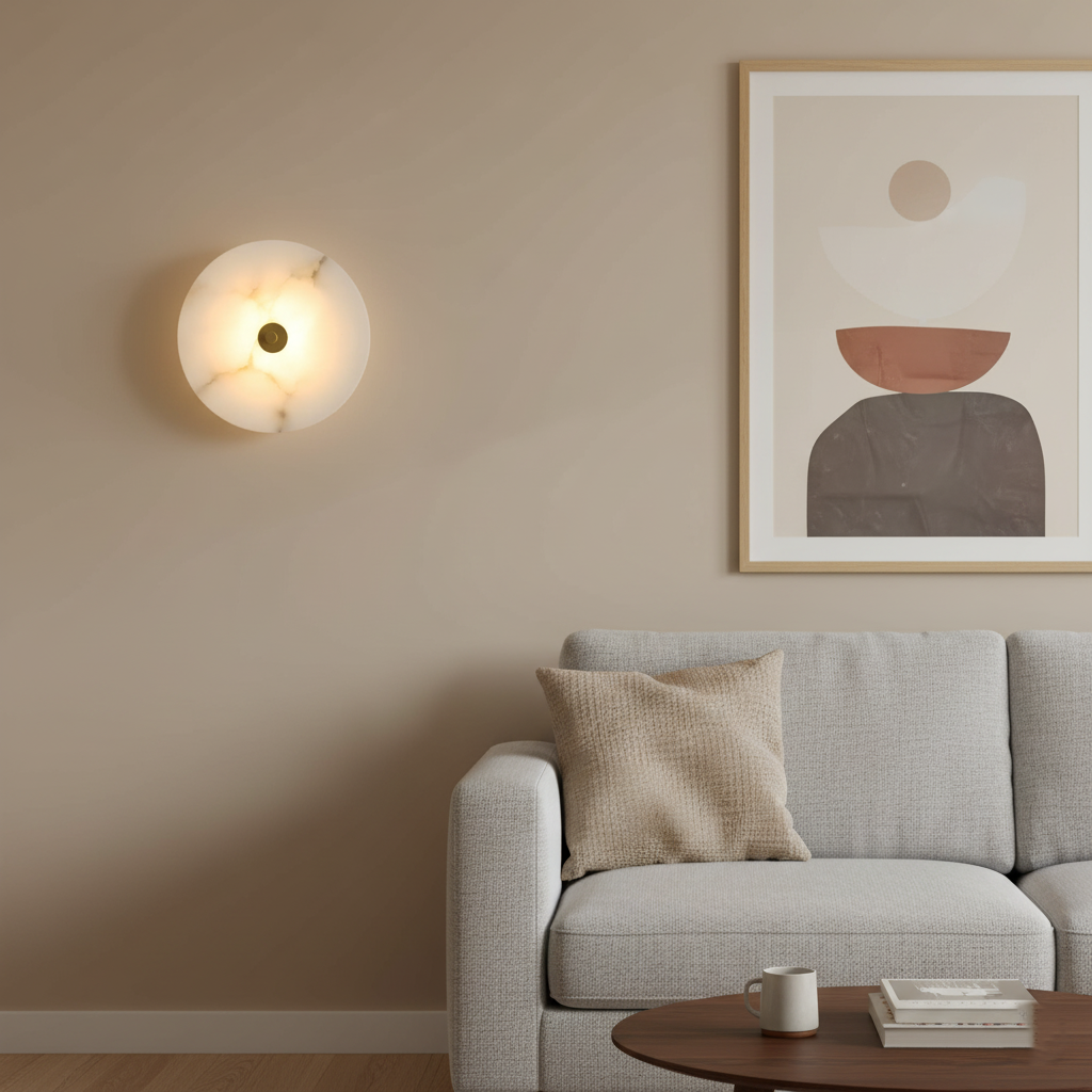 Round Alabaster Sconce LED Warm Glow Indoor Natural Stone Circle Fixture Iron Frame Bedroom Hallway Living Room Ambient Lighting 12.6 Inch