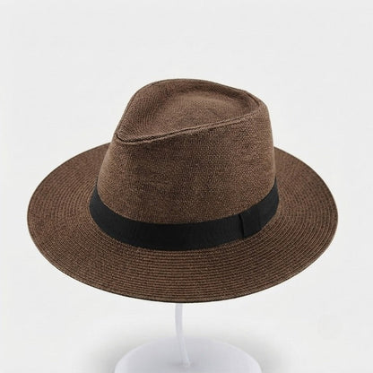 Woven Straw Fedora Hat with UPF Sun Protection Adjustable Fit Wide Brim Panama Style Summer Beach Travel Vacation Outdoor Resort Poolside