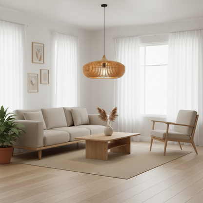 Wood Slat Ceiling Fixture Round Natural 17-Inch Japandi Style Above Table Island Ambient Hanging Light for Dining Kitchen Living Room