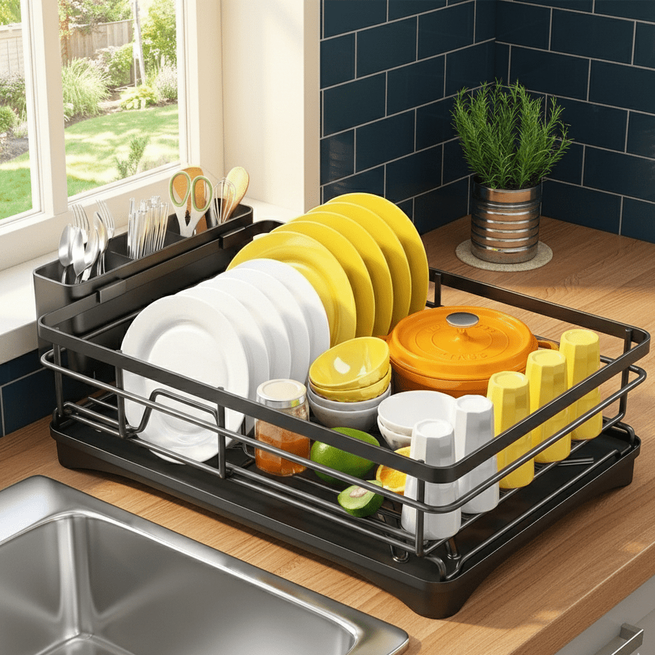 Countertop Dish Rack with Drain Tray & Utensil Holder – Space-Saving Kitchen Organizer for Plates, Bowls & Cutlery