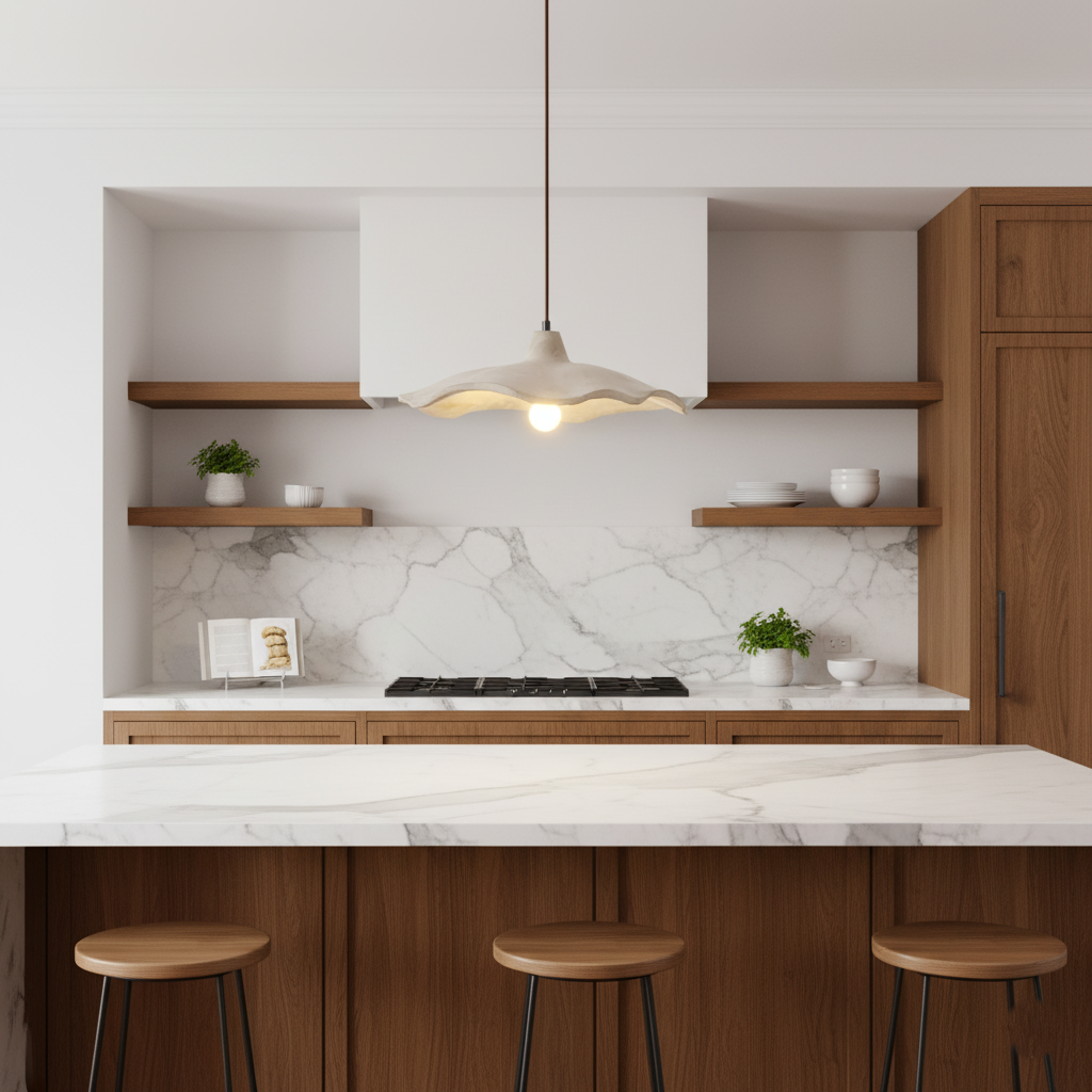 Concrete Hanging Light 16-Inch Organic Petal Shape for Dining Room Kitchen Island Bedroom Wabi-Sabi Style Adjustable Cord LED Compatible Mod