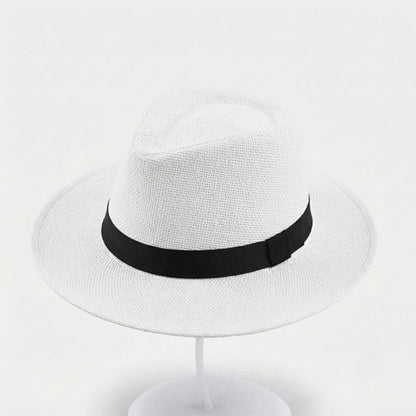 Woven Straw Fedora Hat with UPF Sun Protection Adjustable Fit Wide Brim Panama Style Summer Beach Travel Vacation Outdoor Resort Poolside