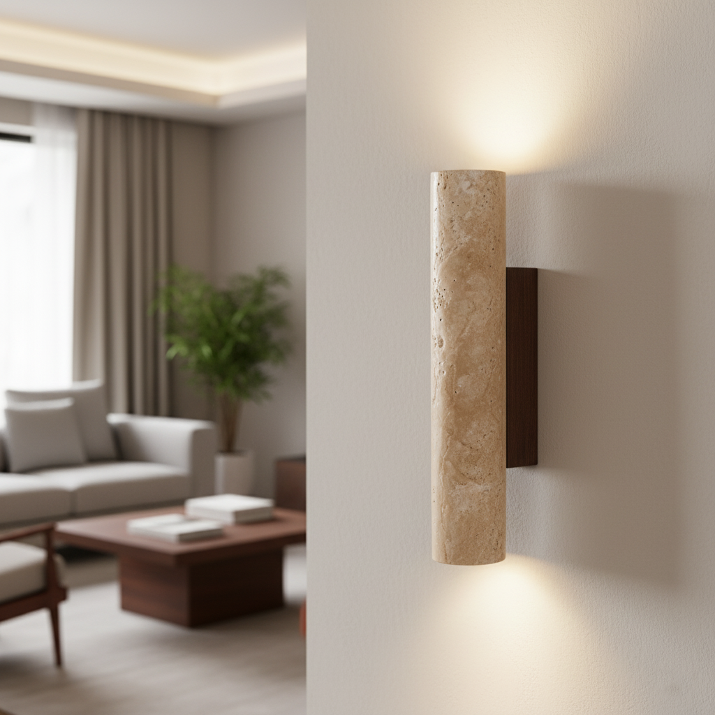 Travertine Stone Sconce Dual-Direction Light 12.6 Inch Vertical Fixture Natural Beige E27 Socket for Bedrooms Hallways Staircases Living Roo