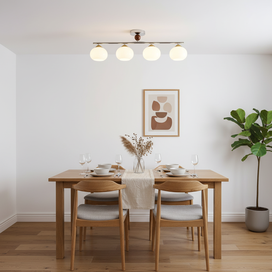 Four-Light Linear Island Pendant with Mixed Glass Shades for Kitchen & Dining Room – Metal & Glass Modern Fixture
