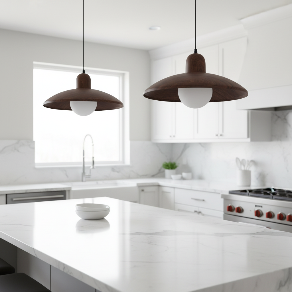 Wood Dome Ceiling Pendant 12 in Walnut Hanging Light for Kitchen Island Dining Table Minimalist Adjustable Cord E27 Socket 110V