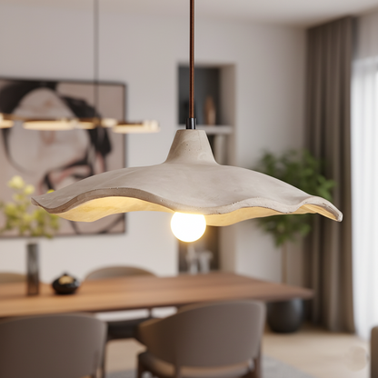 Concrete Hanging Light 16-Inch Organic Petal Shape for Dining Room Kitchen Island Bedroom Wabi-Sabi Style Adjustable Cord LED Compatible Mod