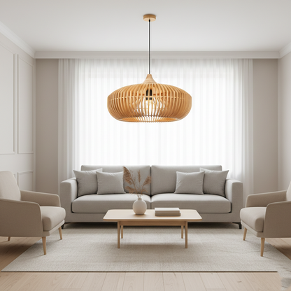 Wood Slat Ceiling Fixture Round Natural 17-Inch Japandi Style Above Table Island Ambient Hanging Light for Dining Kitchen Living Room