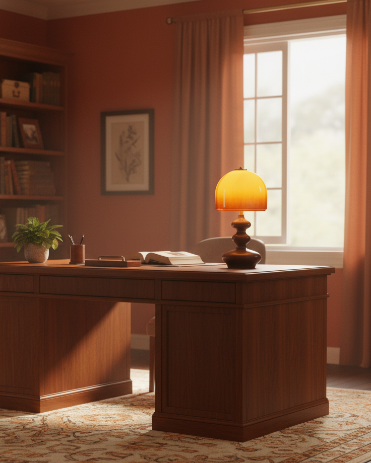 Wooden Desk Lamp with Amber Glass Shade 10 in × 20 in for Nightstand Bedroom Office Cozy Reading Light