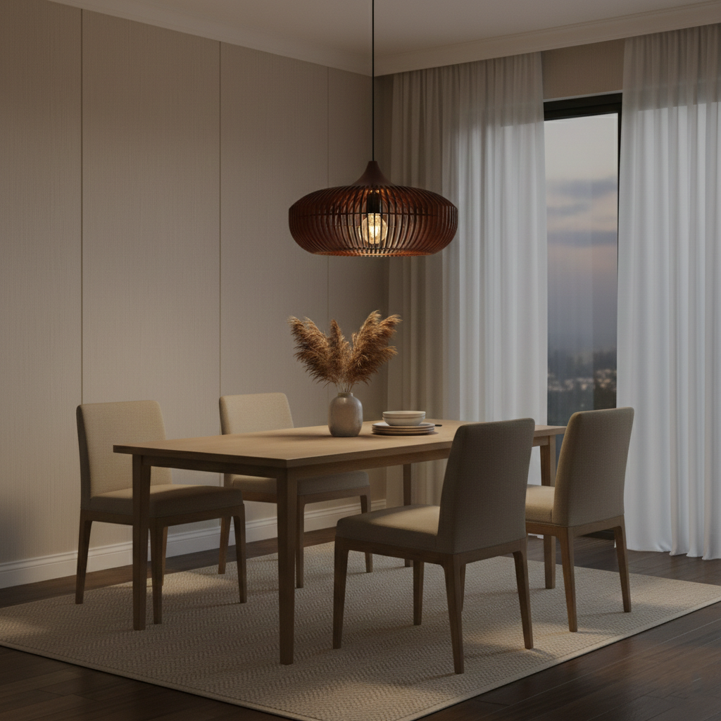 Wood Slat Ceiling Fixture Round Natural 17-Inch Japandi Style Above Table Island Ambient Hanging Light for Dining Kitchen Living Room