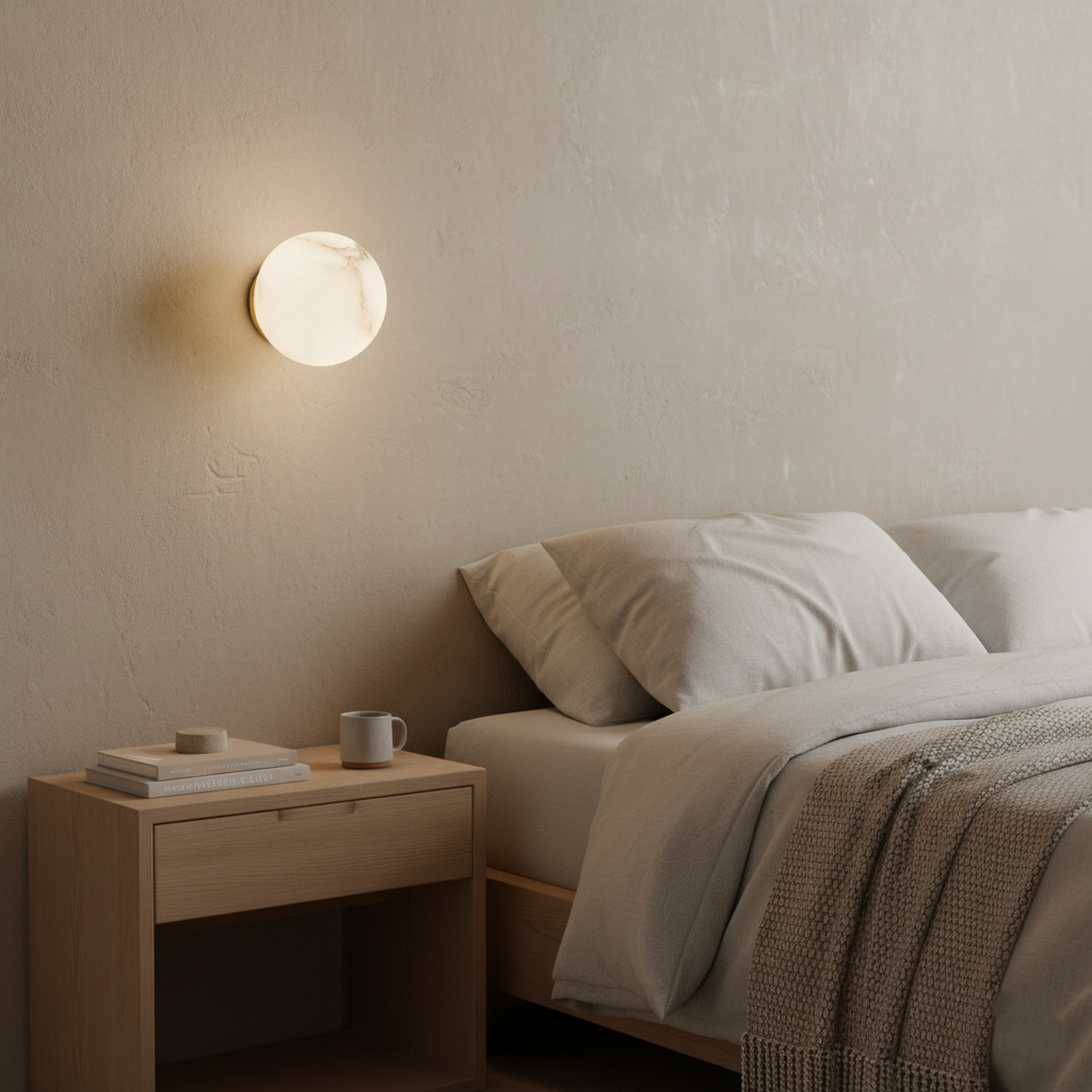 Compact Alabaster Sconce 5 in Globe Natural Stone Diffuser Modern Minimalist Lighting for Bedroom Hallway Entryway Accent Wall Mount Fixture