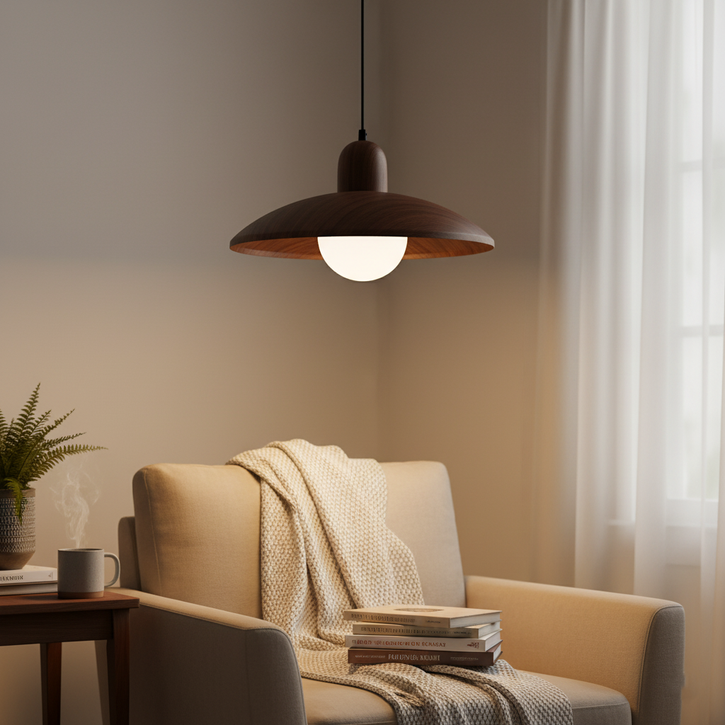 Wood Dome Ceiling Pendant 12 in Walnut Hanging Light for Kitchen Island Dining Table Minimalist Adjustable Cord E27 Socket 110V
