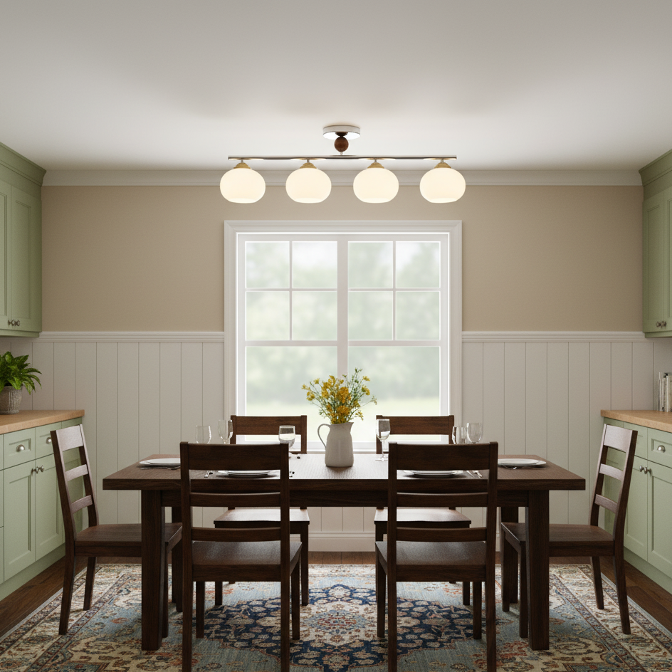 Four-Light Linear Island Pendant with Mixed Glass Shades for Kitchen & Dining Room – Metal & Glass Modern Fixture