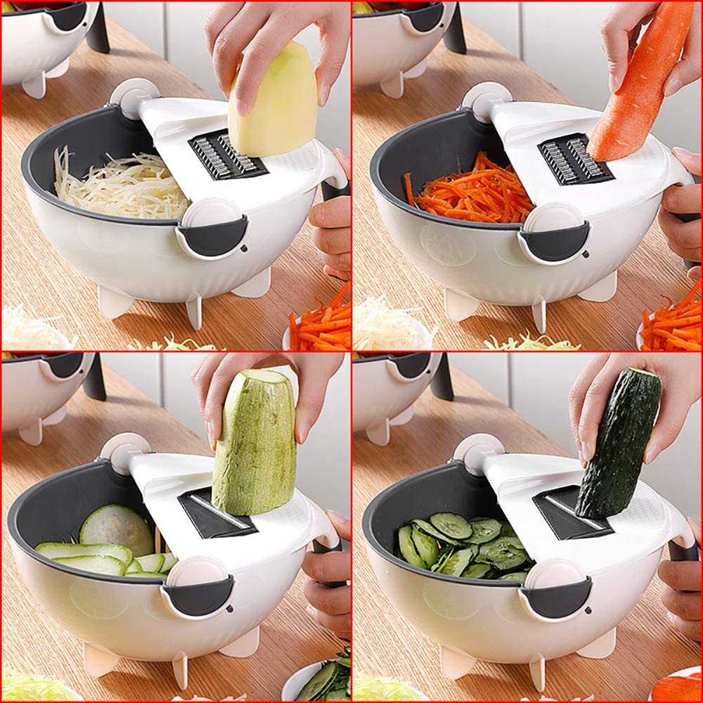 Vegetable Chopper Dicer with Drain Bowl All-in-One Slicer Grater Julienne Cutter for Salad Meal Prep Kitchen Tool Set Stainless Steel Blades