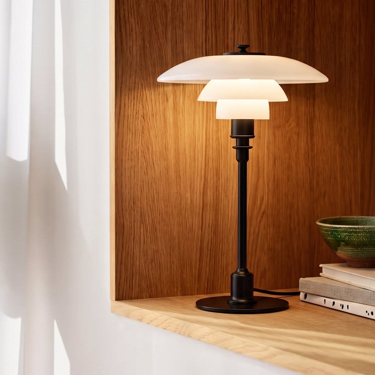 Modern Table Lamp with Triple Glass Shades – Sculptural Accent Light with Rotary Dimmer for Bedroom, Office & Living Room