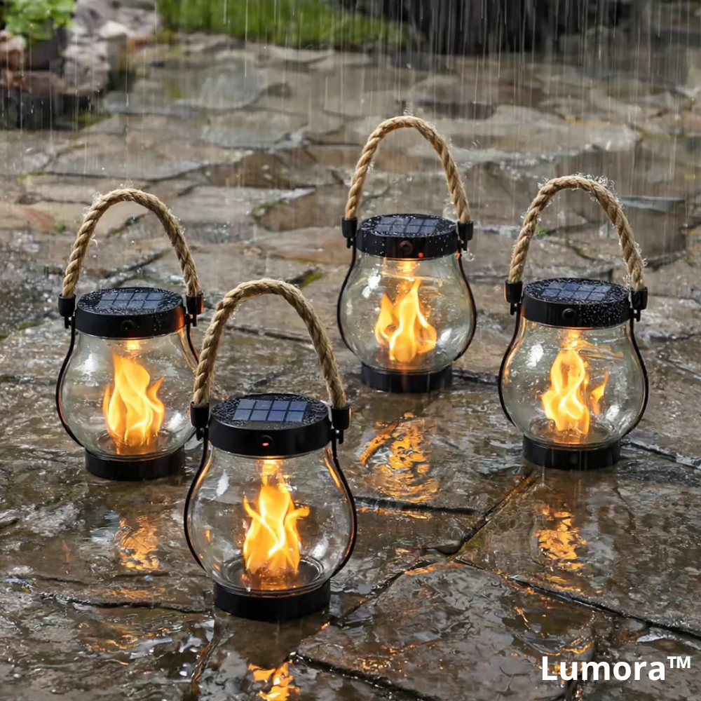 Outdoor LED Flame Lantern Solar Powered Hanging Light Waterproof Garden Patio Decor 11 Inch with Dusk to Dawn Sensor for Balcony Yard Deck