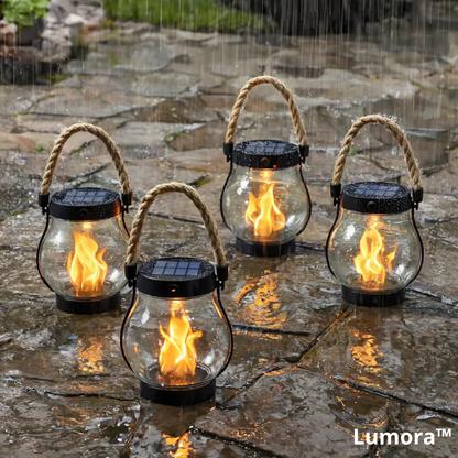 Outdoor LED Flame Lantern Solar Powered Hanging Light Waterproof Garden Patio Decor 11 Inch with Dusk to Dawn Sensor for Balcony Yard Deck