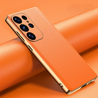 Premium Cowhide Phone Case for Samsung Galaxy with Metal Frame Wireless Charging Compatible