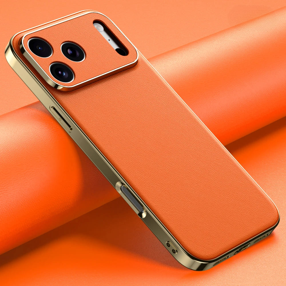Premium Cowhide Leather iPhone Case with Metallic Frame Edge Protection for iPhone 12 13 14 15 16 17 Pro Max