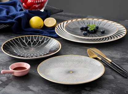 Dinner Plate Set 10 Inch Monochrome Pattern Gold Edge Fine China Dishware for Kitchen Table Modern Black White Serving Plates Dining Room De
