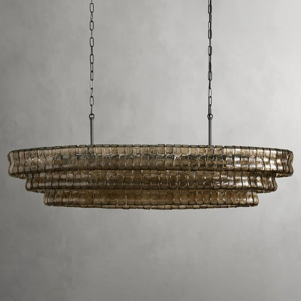 Oval Statement Chandelier Steel Frame Curved Glass Panels Adjustable Drop 5 or 12 Bulbs Dining Room Foyer