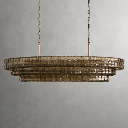 Oval Statement Chandelier Steel Frame Curved Glass Panels Adjustable Drop 5 or 12 Bulbs Dining Room Foyer