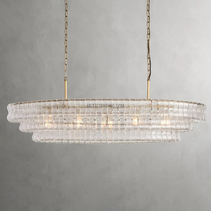 Oval Statement Chandelier Steel Frame Curved Glass Panels Adjustable Drop 5 or 12 Bulbs Dining Room Foyer