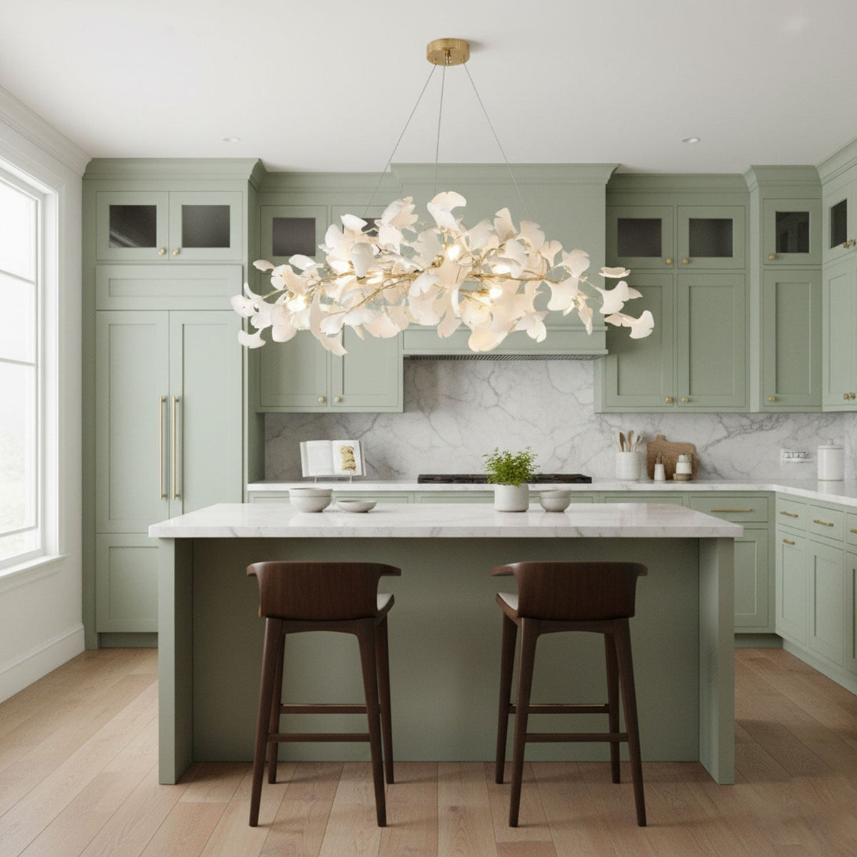 Handcrafted Porcelain Leaf Ceiling Fixture with Flexible Branches Gold White 70 in Statement Overhead Lighting for Dining Room Entryway Livi