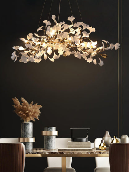 Handcrafted Porcelain Leaf Ceiling Fixture with Flexible Branches Gold White 70 in Statement Overhead Lighting for Dining Room Entryway Livi