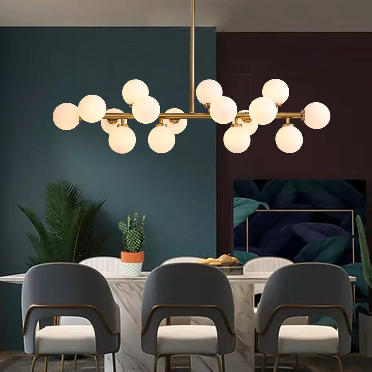 16-Light Linear Island Chandelier with Frosted Glass Globes Gold Finish for Dining Room Kitchen