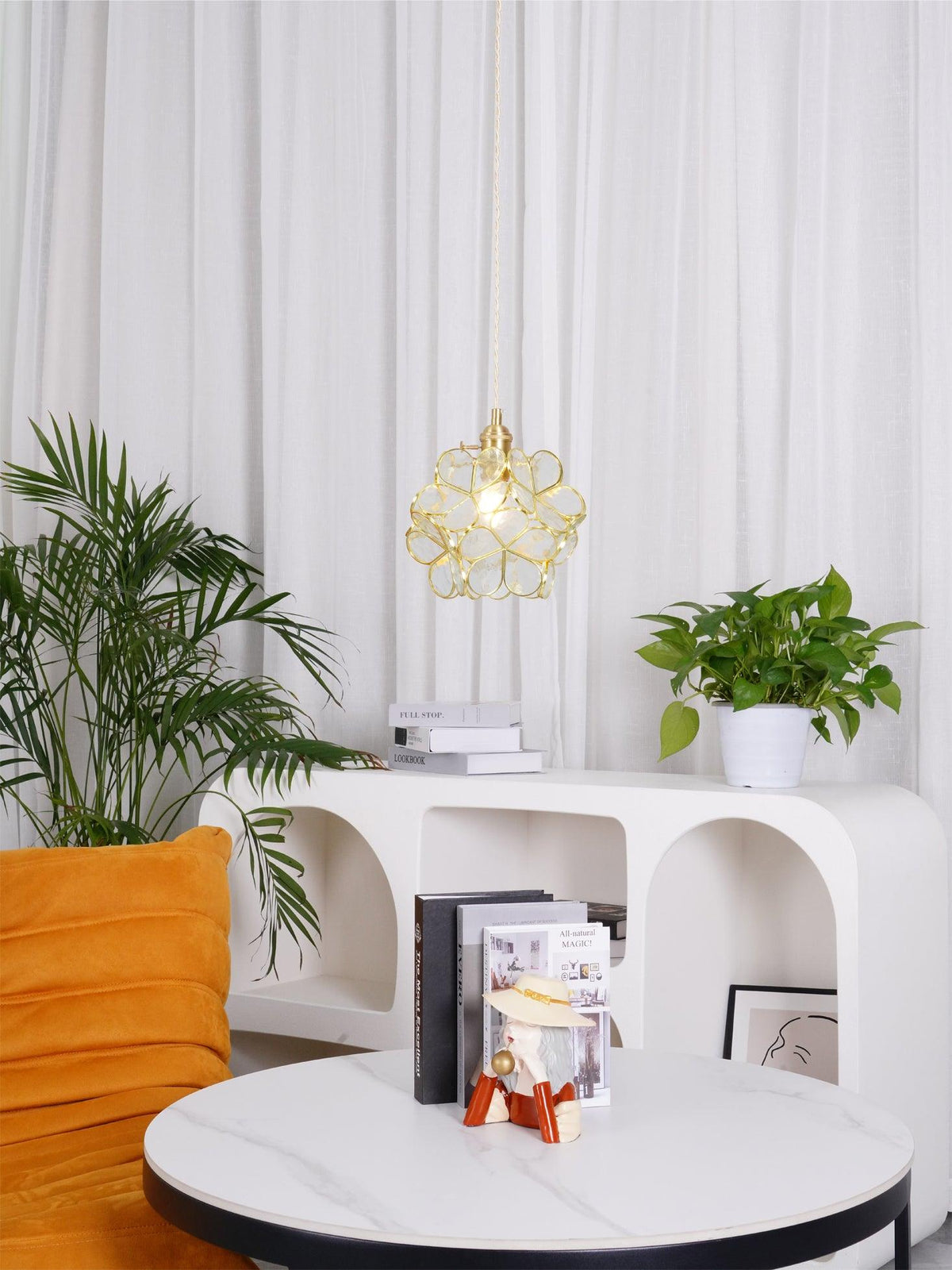 Glass Shade Hanging Fixture 8-Inch Brass Finish Ceiling Light for Kitchen Dining Room Entryway Hardwired with Adjustable Cable