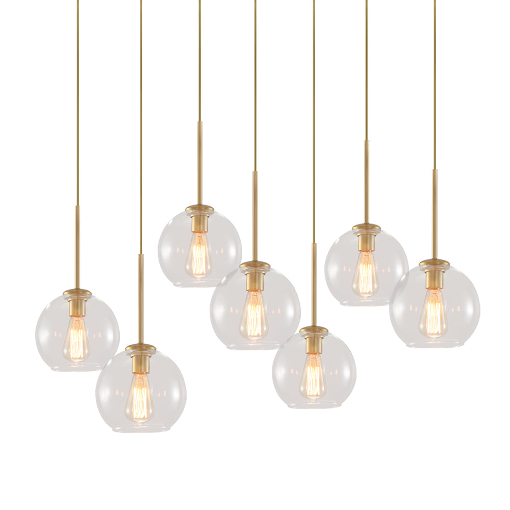 Seven-Globe Hanging Light with Adjustable Height Cords for Kitchen Island & Dining Table, Clear Glass Spheres, 35-Inch Canopy, E26 Base, Dim