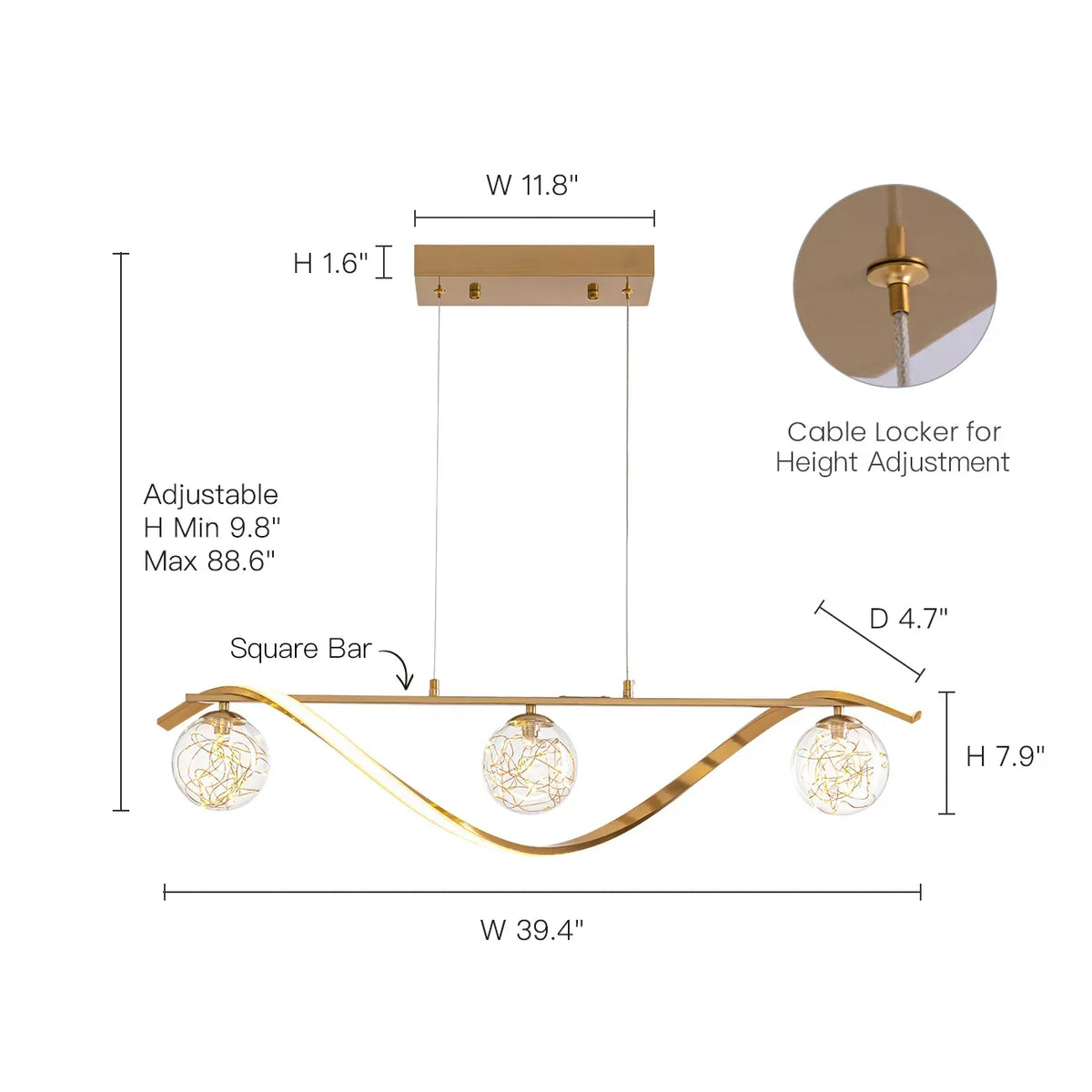 Linear LED Ceiling Fixture with Glass Globes for Dining Table & Island – 39 inch Gold or Chrome Hanging Lamp with Adjustable Height – Modern