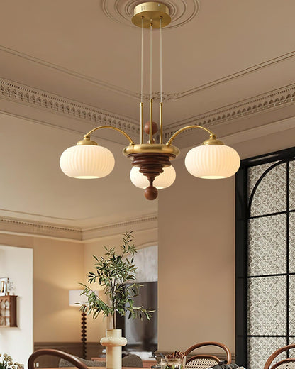 Multi-Light Wood & Glass Statement Fixture for Dining Rooms | Mixed Material Ceiling Light with Ribbed Shades | Modern Ambient Overhead Ligh