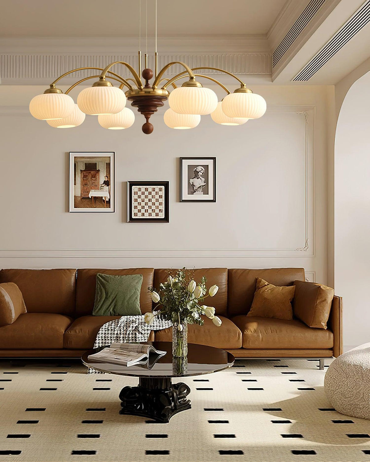 Multi-Light Wood & Glass Statement Fixture for Dining Rooms | Mixed Material Ceiling Light with Ribbed Shades | Modern Ambient Overhead Ligh