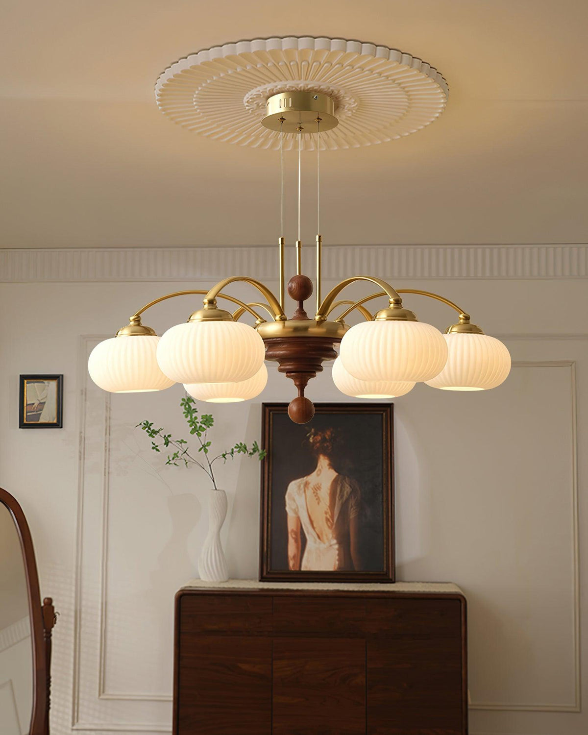 Multi-Light Wood & Glass Statement Fixture for Dining Rooms | Mixed Material Ceiling Light with Ribbed Shades | Modern Ambient Overhead Ligh