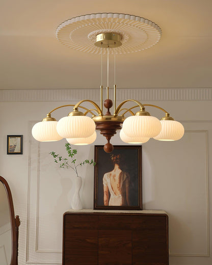 Multi-Light Wood & Glass Statement Fixture for Dining Rooms | Mixed Material Ceiling Light with Ribbed Shades | Modern Ambient Overhead Ligh