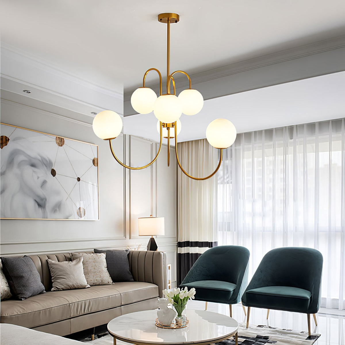 Multi-Arm Ceiling Light Fixture Metal Frame Frosted Glass Shades Gold Black White 30 Inch Diameter Living Room Dining Room Bedroom Overhead