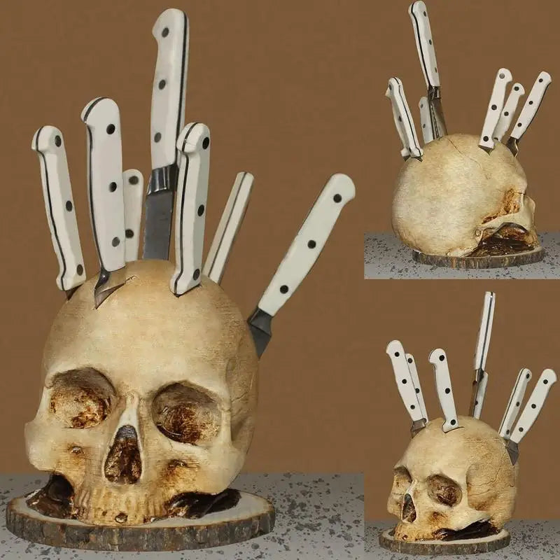 Gothic Culinary | Skull Knife Holder with Hand-Painted Design | Unique Storage Solution for Kitchen Decor