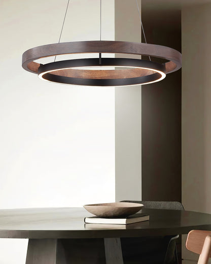 Dual-Ring LED Overhead Fixture Walnut & Black Finish Contemporary Dining Room Suspended Lighting 24-40 Inch Ceiling Mount